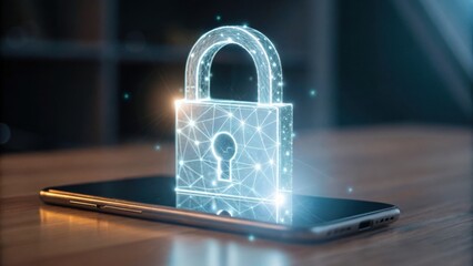 A digital padlock appears above a smartphone, symbolizing cybersecurity and data protection in a futuristic setting.