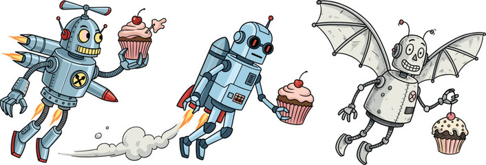 Flying Robot Carrying a Cupcake Vector Illustration - Technology, Delivery Service, Automation, and Food Concept