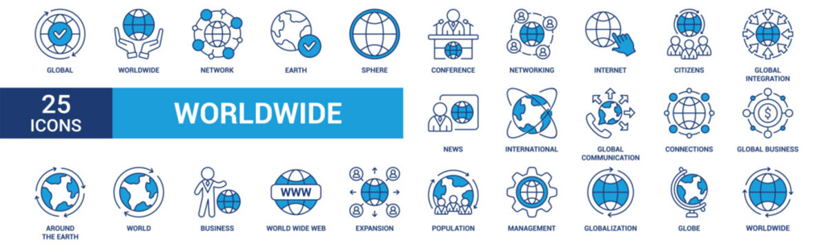 Worldwide icon set. Containing world, international, global, earth, network, sphere and globe. Blue vector icons collection.
