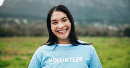 Portrait, volunteer and woman outdoor with community service, pride and support for recycling. NGO,...