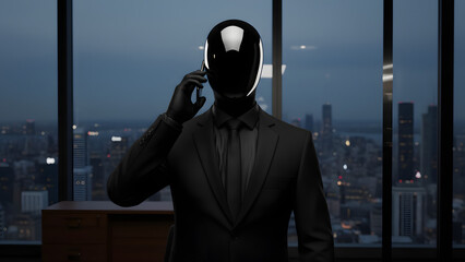 Mysterious masked businessman in suit talking on phone with cityscape at dusk in the background, corporate espionage concept.