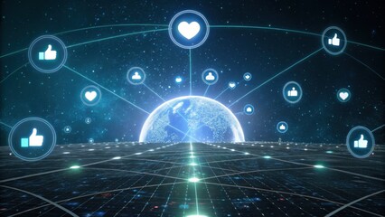 A digital representation of Earth surrounded by social media icons, symbolizing connectivity and online interaction in a cosmic setting.