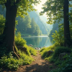 AI generated Morning mist envelops lush greenery as distant mountains reflect on still