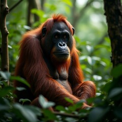 AI generated Intimate image of young orangutan surrounded by vibrant jungle foliage