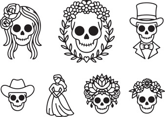 Set of sugar skull day of dead characters with festive wreaths and male female skeletons