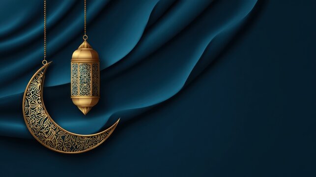 Decorative gold lantern and crescent moon against blue textile background
