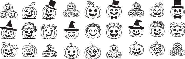 Set of halloween pumpkins with spooky faces and witch hats for autumn celebration