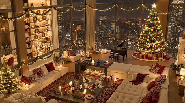A warm, luxurious Christmas living room decorated with glowing lights, candles, garlands, and a festive tree overlooking a nighttime city skyline. Cozy holiday atmosphere.
