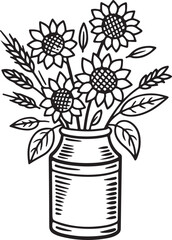 Sunflowers in vintage milk can, line art style, farm rural scene black outlines