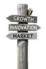 Wooden signpost with growth innovation and market direction arrows isolated on a transparent background