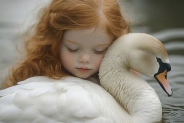 A serene image of a young girl resting her head on a white swan, symbolizing tranquility, harmony, and the connection between nature and humanity. Evokes feelings of peace and quiet.