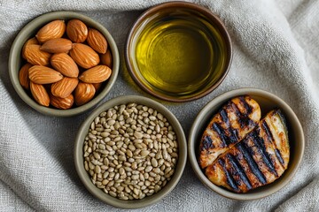 Healthy fats and omega-3 rich foods in small bowls almonds, hemp seeds, olive oil, and grilled fish, top-down view on a linen cloth, natural style.