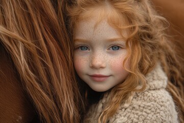 Naklejka premium A young girl with vibrant red hair observes the world with a sense of wonder and curiosity, partially hidden behind a tree. A moment of childhood discovery.