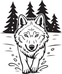 Front view of a wild forest wolf in snow with evergreen trees nature animal line art