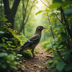 AI generated Serene scene showing finch on leafcovered path in pristine woodland setting