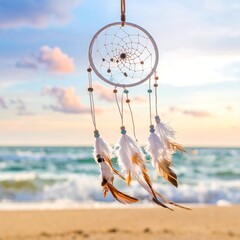 A dreamcatcher hangs against a blurred seascape; the sun sets over the ocean, with soft clouds. Feathers and beads adorn it