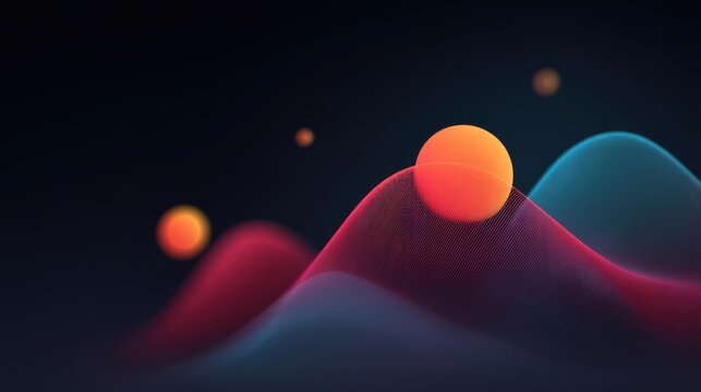 Abstract colorful waves with glowing spheres on a dark background creating a vibrant, artistic representation of motion and depth in digital art - Powered by Adobe