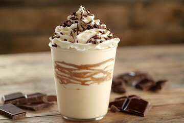Indulge in a rich and creamy milkshake topped with delightful whipped cream and chocolate shavings, perfect for a sweet treat any time of day.