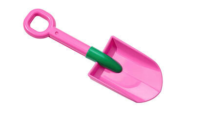A 3D render of a child's pink shovel with a green handle, isolated on black
