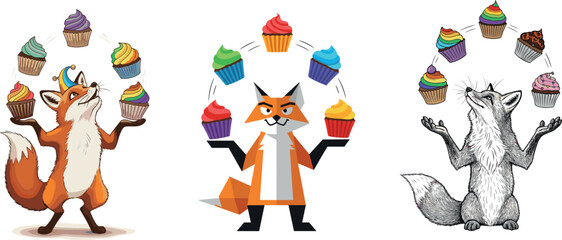 Clever Cartoon Fox Mascot Juggling Colorful Cupcakes Vector Illustration - Dessert, Party, Fun, and Animal Show Concept