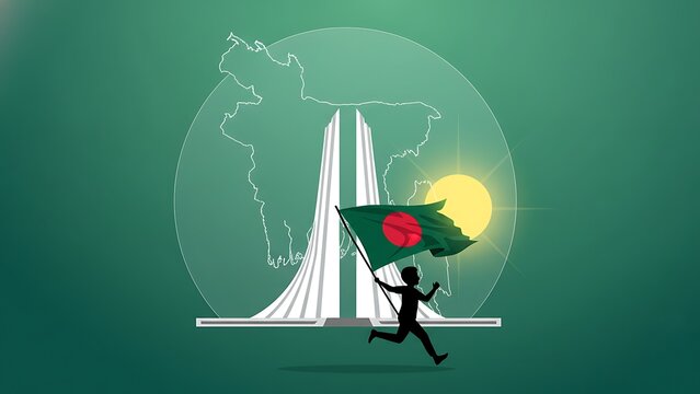 A silhouette of a child waving the bangladesh flag in front of national monuments and a map