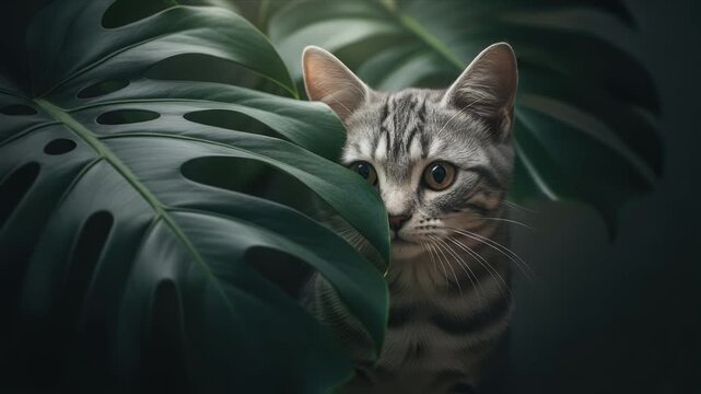 Curious striped tabby kitten peering from behind large tropical monstera foliage in a dark moody environment