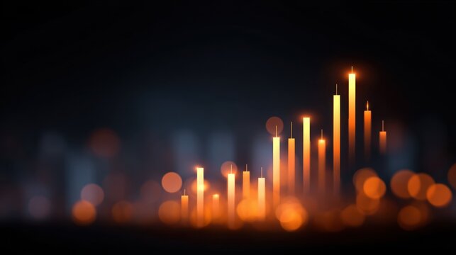 Abstract financial market analysis with glowing candle stick figures and blurred background lights indicating trading activity and investment opportunities - Powered by Adobe