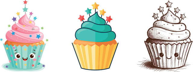 Cute Cartoon Cupcake Mascot with Cream Topping and Stars Vector Illustration - Dessert, Birthday, Party, and Sweet Food Concept
