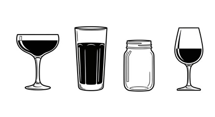 Line Art Various Type of Drink Container Glassware Illustration