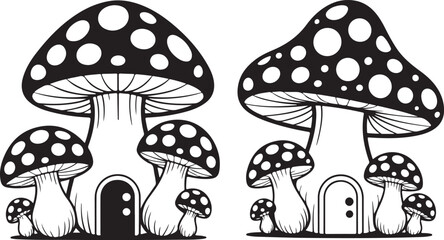 Fantasy mushroom houses with detailed cap and whimsical doors for magical illustrations