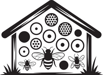 Set of wild bees flying around insect hotel with various sized holes for nesting site