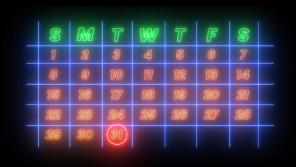 Highlighting date number 31 on a calendar isolated on black background