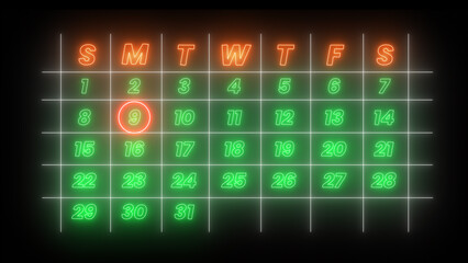Highlighting date number 9 on a calendar isolated on black background
