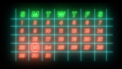 Highlighting date number 23 on a calendar isolated on black background