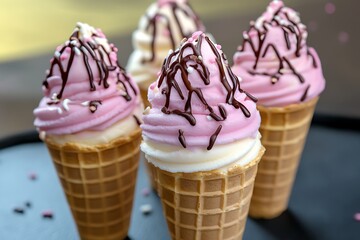 Indulge in the bliss of creamy ice cream cones featuring delightful pink and white flavors, drizzled with chocolate sprinkles for an irresistible treat.