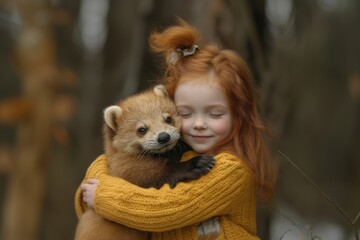 A heartwarming scene of a young girl with red hair embracing a small brown fox within a lush forest environment.  Evokes feelings of friendship, nature, and innocence.