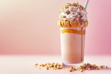 Indulge in the rich and creamy delight of a decadent biscuit shake topped with crunchy cookie crumbles on a soft pastel background.
