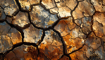 A detailed close-up of severely dry, cracked earth. The parched soil shows deep fissures and rough, textured segments, with colors ranging from deep reddish-brown to pale, sun-bleached grey.