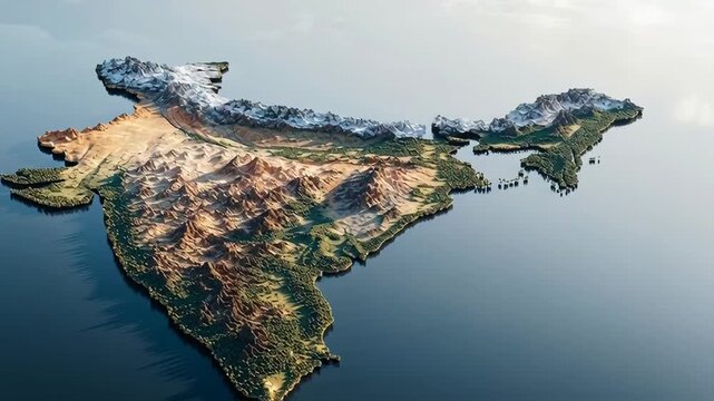 Detailed 3d topography map of India with majestic mountains and lush green plains