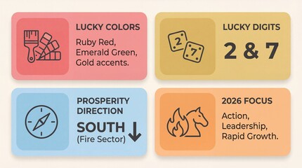 Fototapeta premium Lucky tips board for 2026 shows lucky colors digits direction focus, lucky guidance for fire sector south with fortune notes about action leadership rapid growth mindset in bright pastel cards
