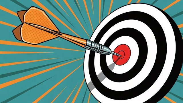 Dart hitting the bullseye on a target representing success and achievement pop art style illustration for business concepts