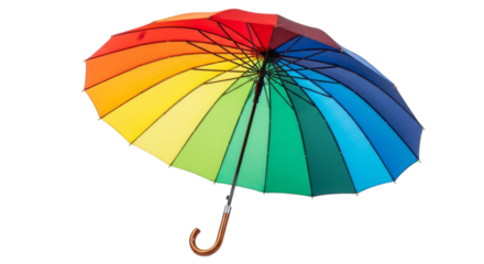 Rainbow Umbrella with Brown Handle isolated on a transparent background colorful curved handle
