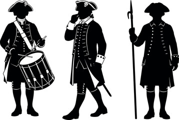 Silhouetted Revolutionary War Soldiers with Drum, Sword, and Spear in Historic Military Uniforms and Tricorn Hats on White Background