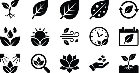 Nature and ecology silhouette icons set, vector illustration, plant growth symbols, gardening signs, environmental organic farming elements