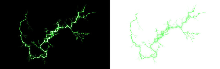 Vibrant green lightning strike and its digital mask on a dark, electrical background
