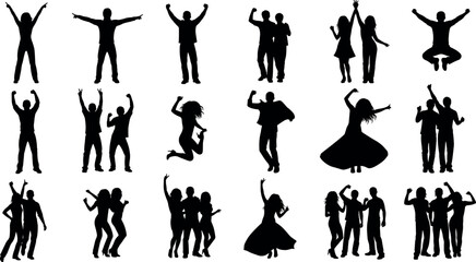Silhouettes of people dancing, jumping, celebrating, and interacting in joyful poses for party, festival, event, and lifestyle themes.