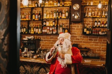 Santa claus drinking liquor feeling christmas stress