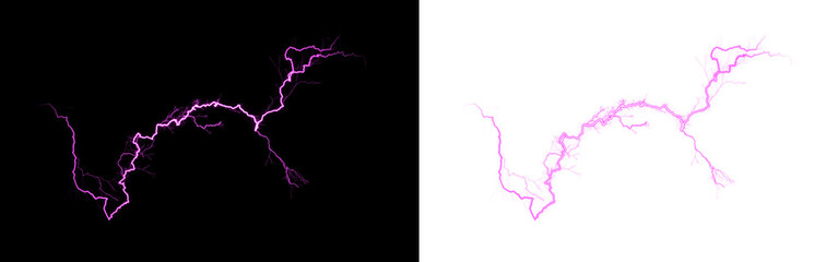 Captivating purple lightning strike and its abstract magenta silhouette against a stark black backdrop