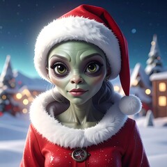 An alien in a Santa hat and red coat looks at viewer in a snowy Christmas scene