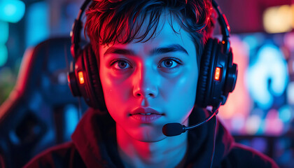Portrait of a Young Teen Gamer Wearing Professional Gaming Headset with Microphone, Intense Gaming Session in Dark Room with Red and Blue Neon Lighting, E-sports and Streaming Concept.